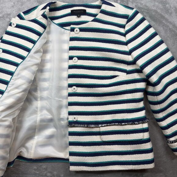 Talbots Striped Fringe Jacket Women’s 14 White Teal Blue Cotton Office Chic - Picture 11 of 14